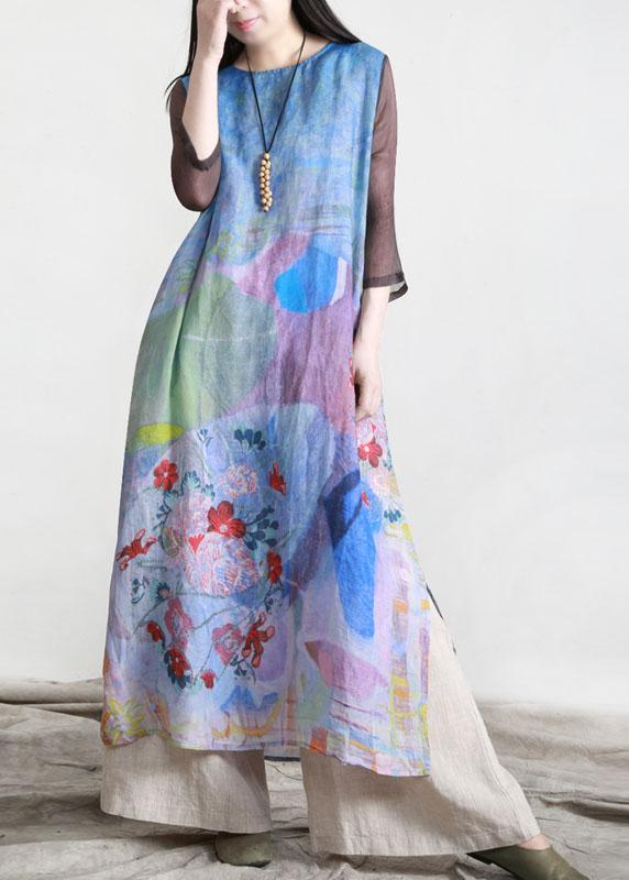 Plus Size Blue Print Maxi Summer Half Sleeve Linen Dress - Omychic