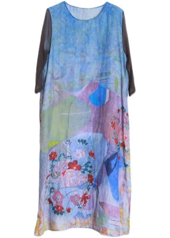 Plus Size Blue Print Maxi Summer Half Sleeve Linen Dress - Omychic