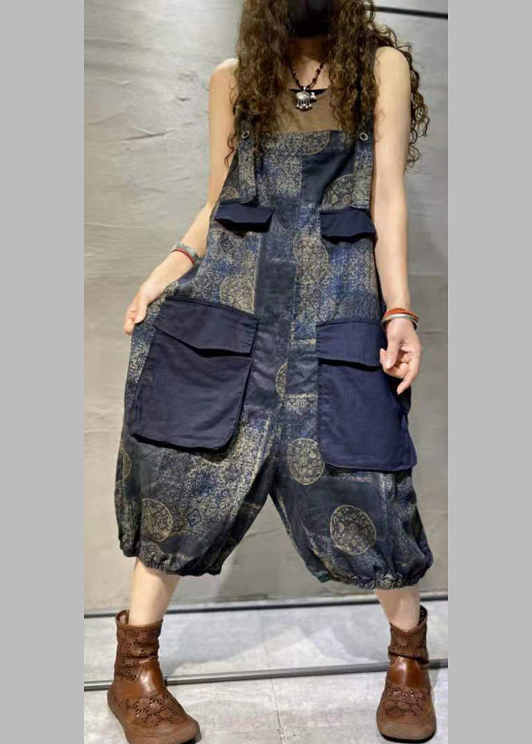 Plus Size Blue Print Oversized Pockets Patchwork Cotton Denim Jumpsuit Summer