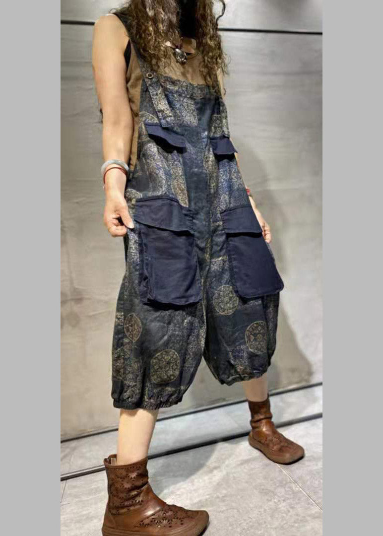 Plus Size Blue Print Oversized Pockets Patchwork Cotton Denim Jumpsuit Summer