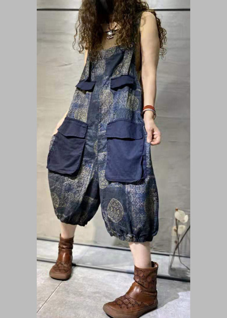 Plus Size Blue Print Oversized Pockets Patchwork Cotton Denim Jumpsuit Summer