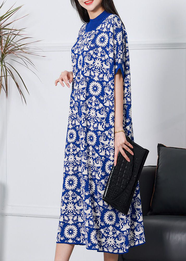 Plus Size Blue Print Patchwork Knit Mid Dresses Spring