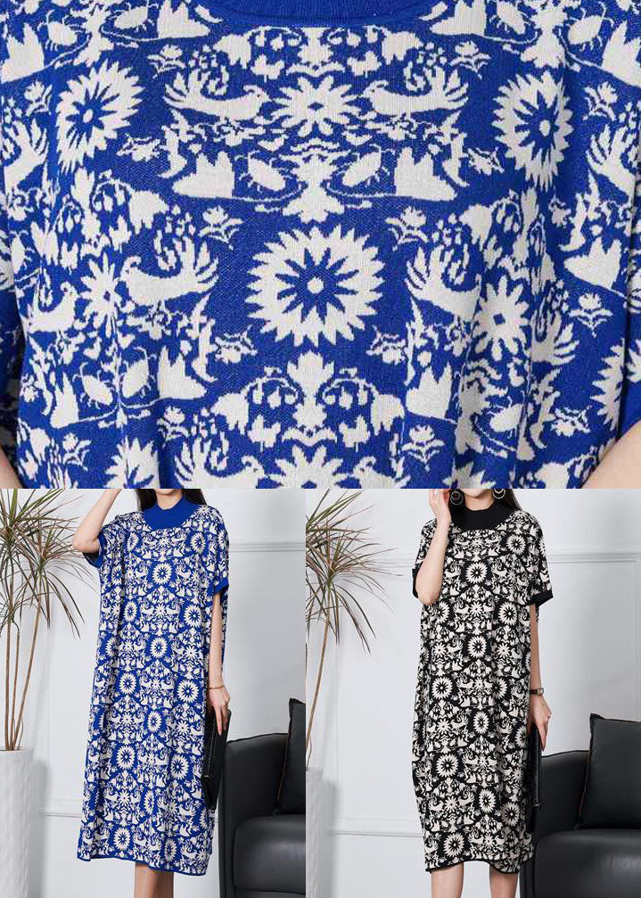 Plus Size Blue Print Patchwork Knit Mid Dresses Spring