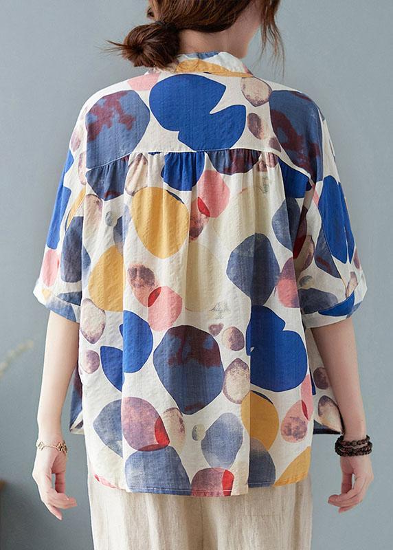 Plus Size Blue Stand Collar Button Print Fall Half Sleeve Shirt Top - Omychic