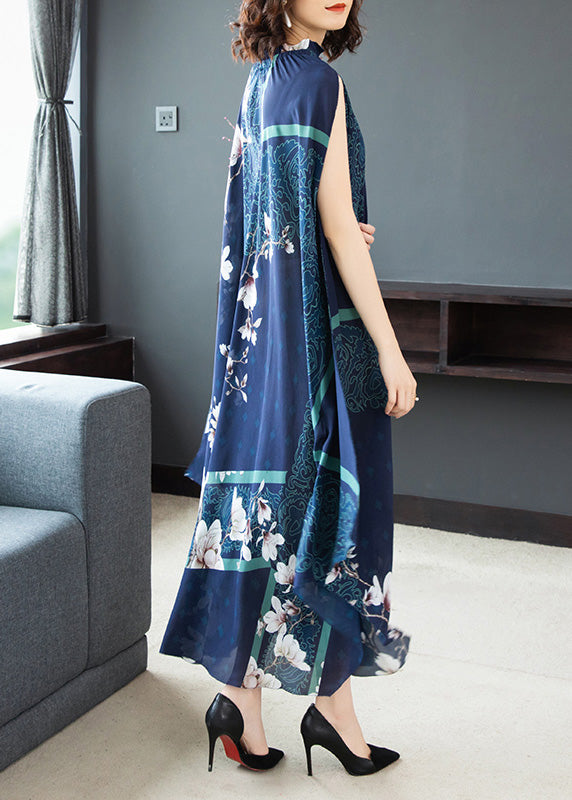 Plus Size Blue Stand Collar Print Silk Long Dresses Sleeveless