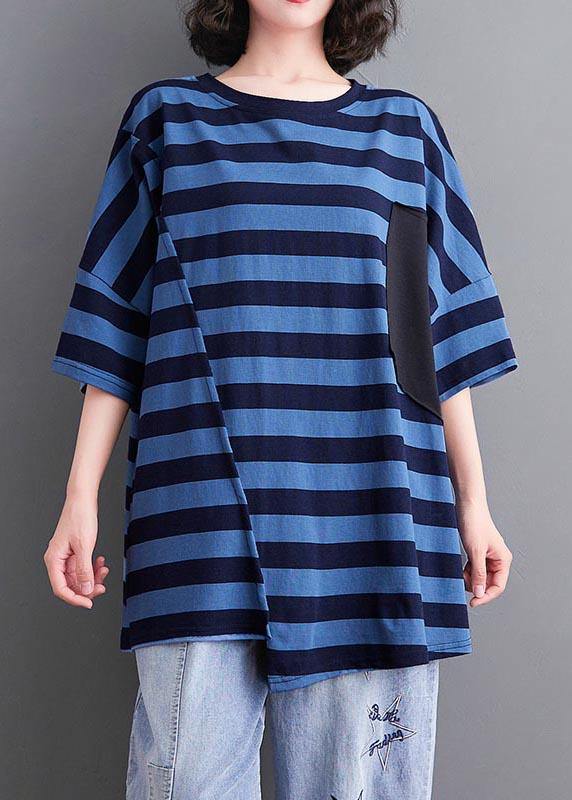 Plus Size Blue Striped O-Neck Cotton Tops Summer - Omychic