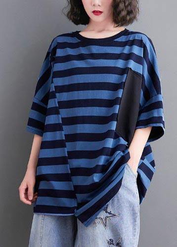 Plus Size Blue Striped O-Neck Cotton Tops Summer - Omychic