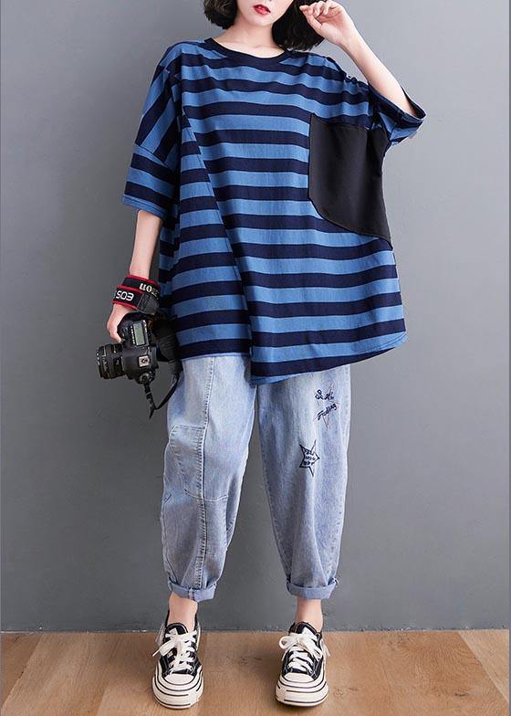 Plus Size Blue Striped O-Neck Cotton Tops Summer - Omychic