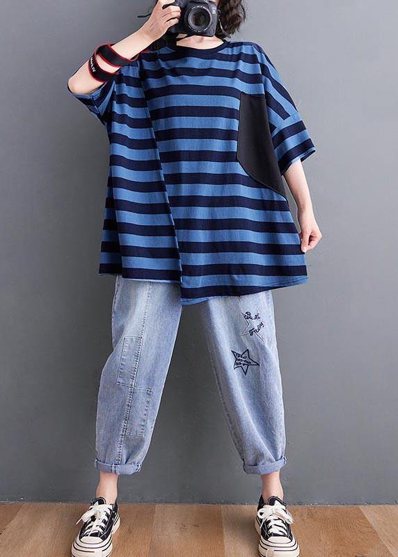 Plus Size Blue Striped O-Neck Cotton Tops Summer - Omychic