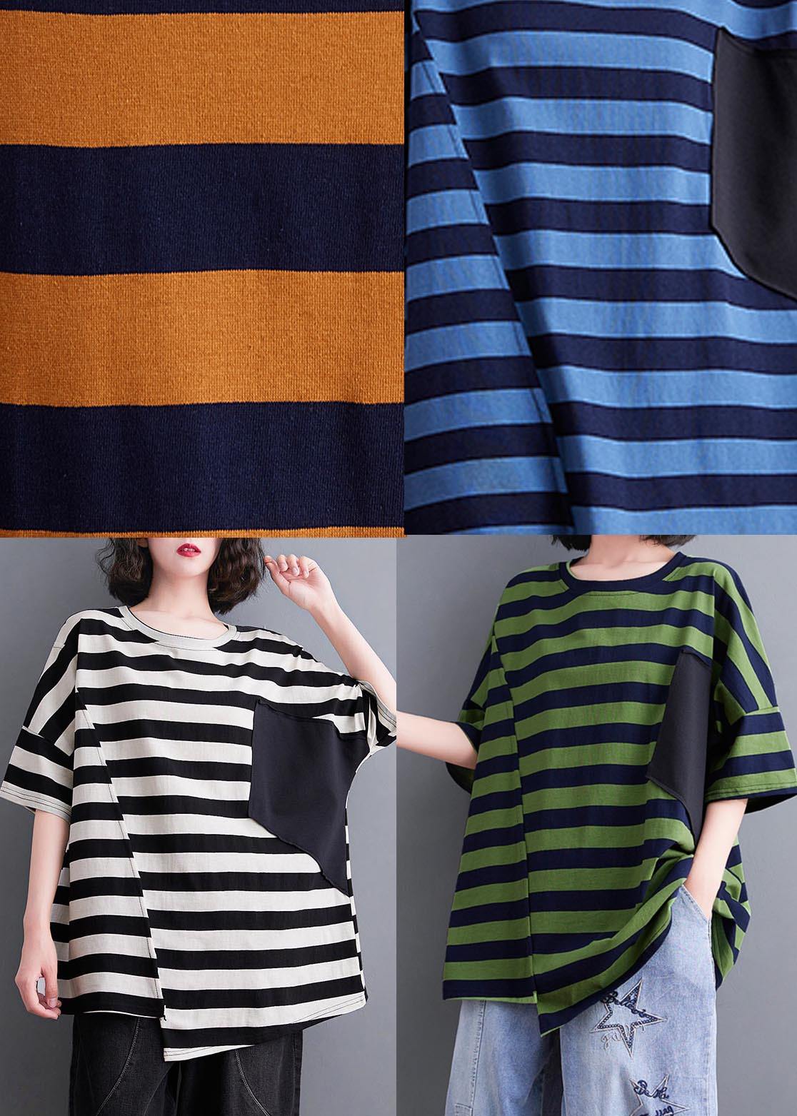 Plus Size Blue Striped O-Neck Cotton Tops Summer - Omychic