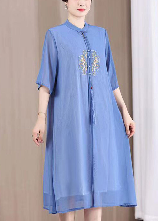 Plus Size Blue Tasseled Button Patchwork Dresses Summer