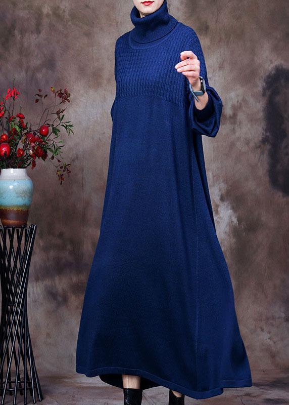 Plus Size Blue Turtle Neck Long Knit Dress Winter - Omychic