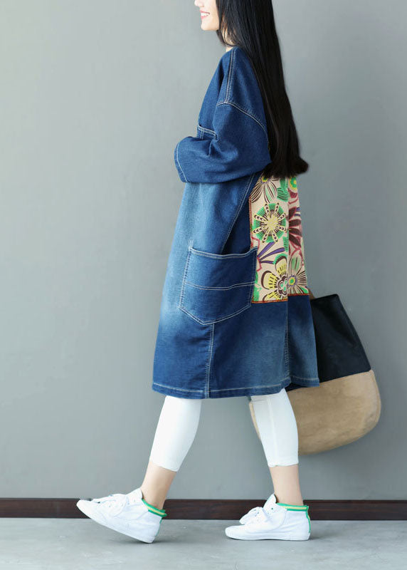 Plus Size Blue V Neck Pockets Applique Cotton Denim Coats Spring