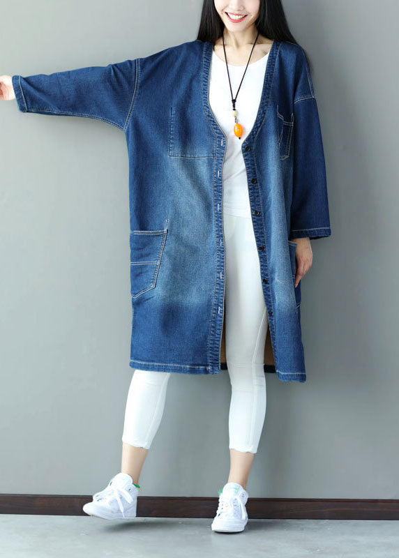 Plus Size Blue V Neck Pockets Applique Cotton Denim Coats Spring