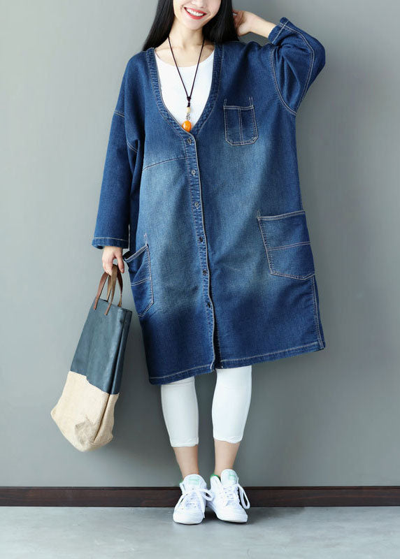 Plus Size Blue V Neck Pockets Applique Cotton Denim Coats Spring