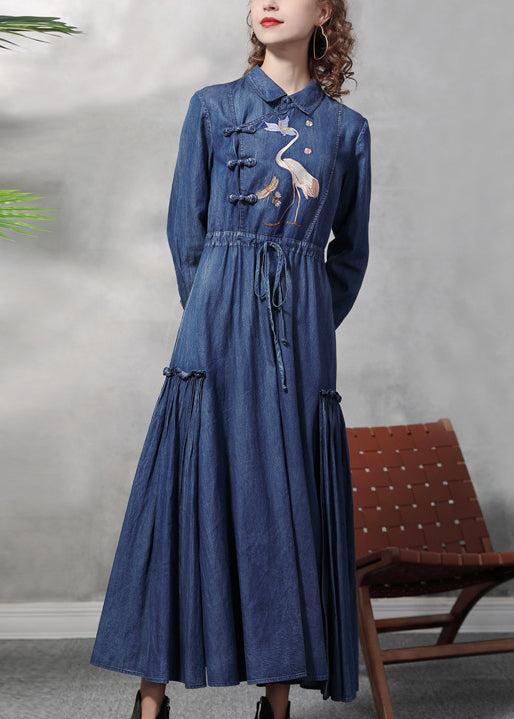 Plus Size Blue drawstring wrinkled Peter Pan Collar Embroideried Patchwork Cotton Maxi Dresses Long Sleeve