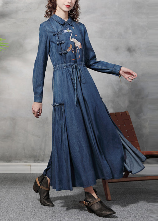 Plus Size Blue drawstring wrinkled Peter Pan Collar Embroideried Patchwork Cotton Maxi Dresses Long Sleeve