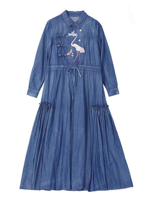 Plus Size Blue drawstring wrinkled Peter Pan Collar Embroideried Patchwork Cotton Maxi Dresses Long Sleeve