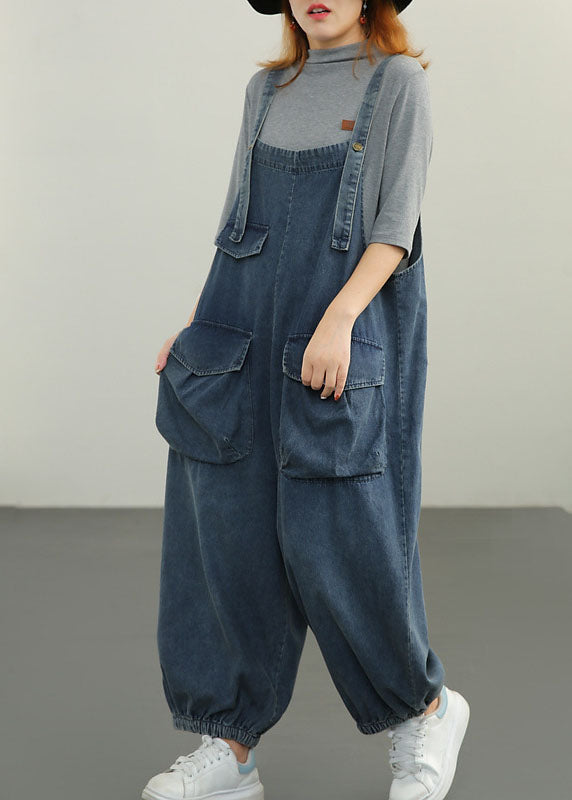 Plus Size Blue pockets Cotton denim Jumpsuit Spring