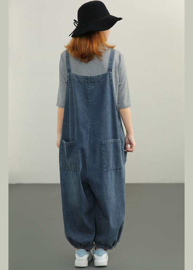 Plus Size Blue pockets Cotton denim Jumpsuit Spring