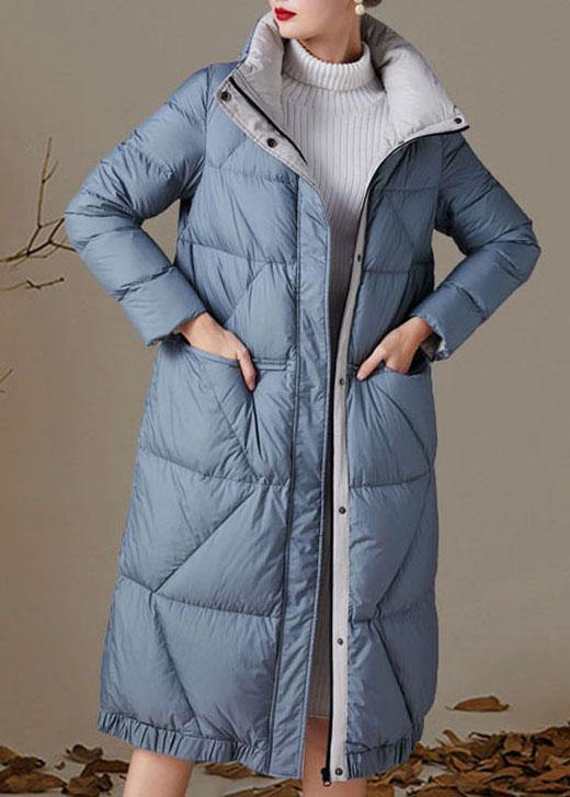 Plus Size Blue zippered Pockets Winter Duck Down Down Coats - Omychic