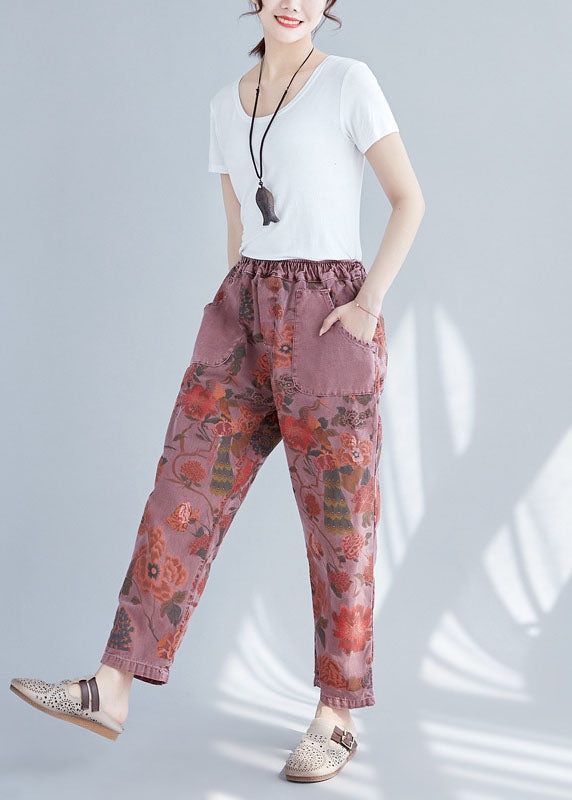 Plus Size Brick Red Elastic Waist Print Cotton Denim Pants Spring