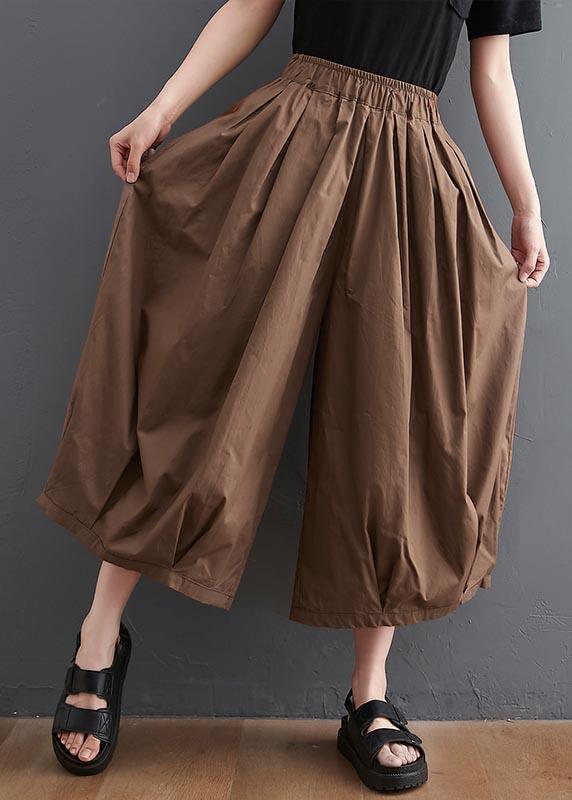 Plus Size Brown Pockets Wide Leg Pants Trousers Summer Cotton Linen - Omychic