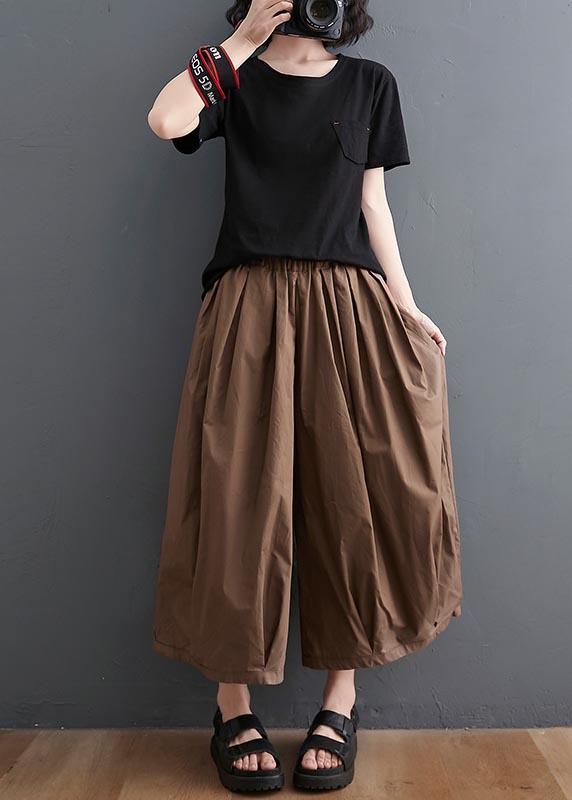 Plus Size Brown Pockets Wide Leg Pants Trousers Summer Cotton Linen - Omychic