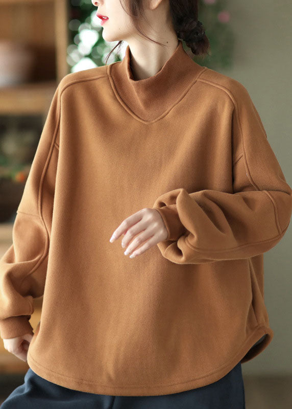Plus Size Brown Stand Collar Oversized Warm Fleece Sweatshirt Streetwear Winter