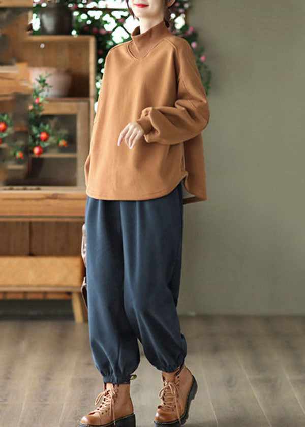 Plus Size Brown Stand Collar Oversized Warm Fleece Sweatshirt Streetwear Winter
