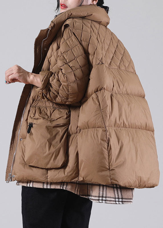 Plus Size Brown Zip Up Pockets Duck Down Winter Coats