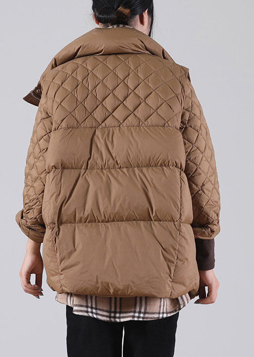 Plus Size Brown Zip Up Pockets Duck Down Winter Coats