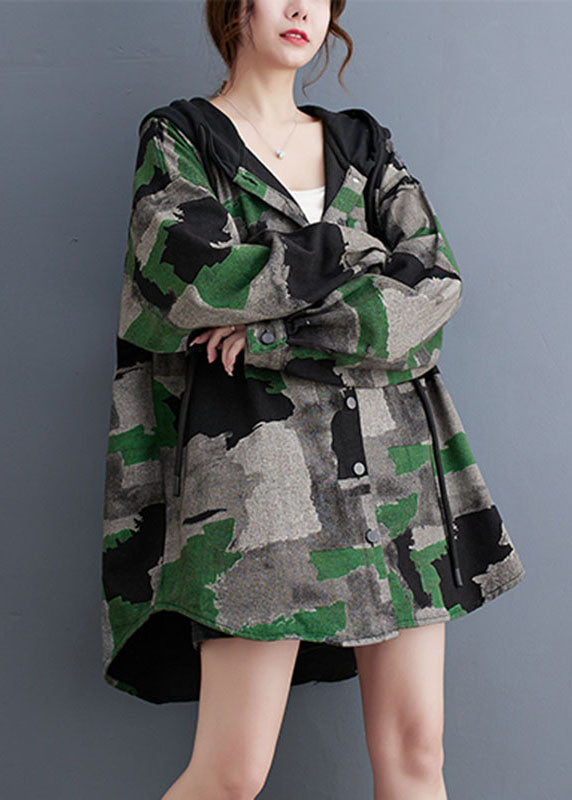 Plus Size Camouflage Print Wrinkled Hooded Coats Long Sleeve