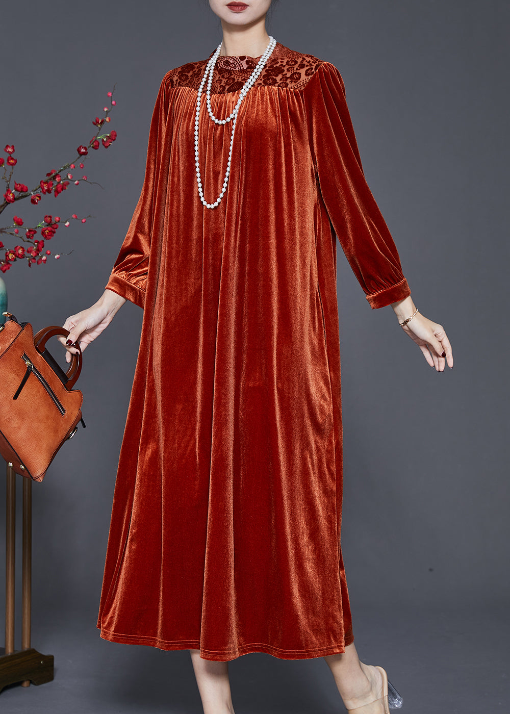 Plus Size Caramel Oversized Patchwork Silk Velvet Ankle Dress Spring