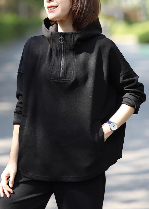 Plus Size Casual Black Hooded Cotton Pullover Sweatshirt Fall