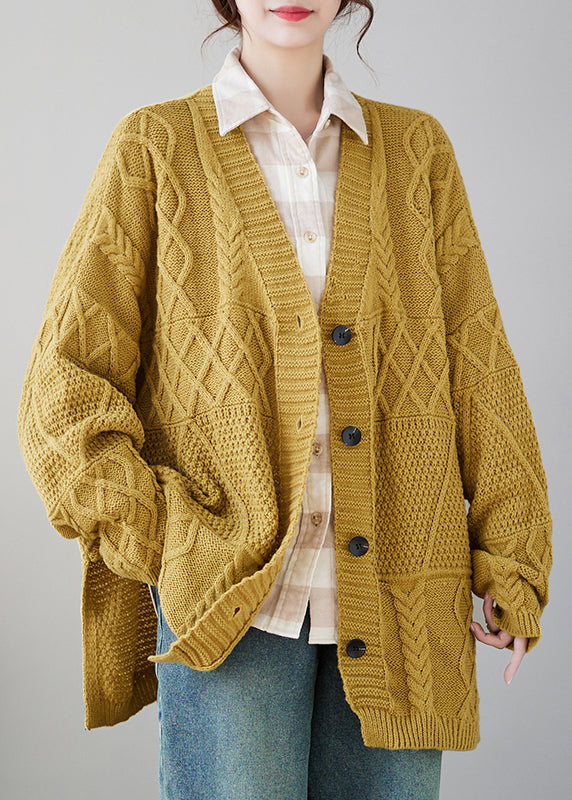 Plus Size Casual Yellow V Neck Button Knit Cardigans Coat Fall