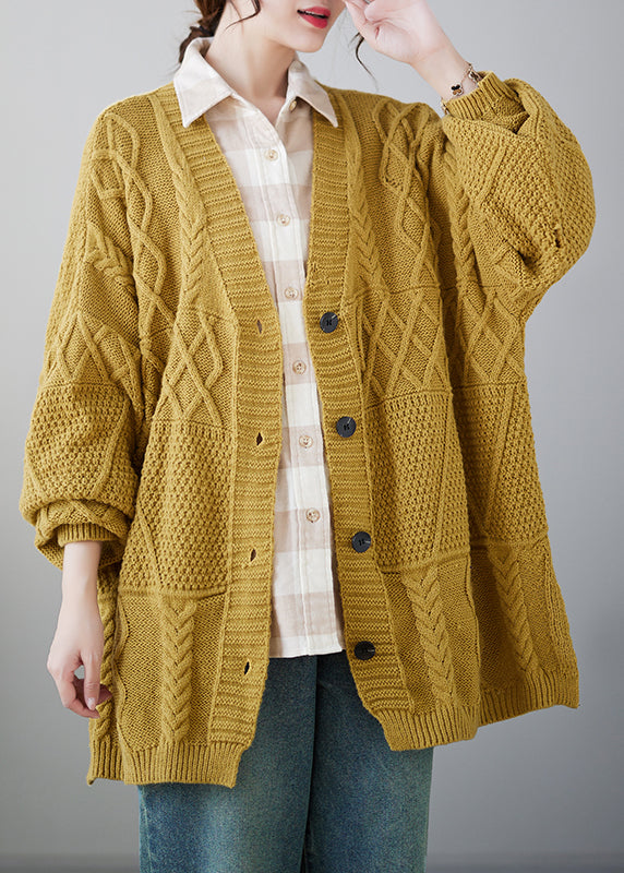 Plus Size Casual Yellow V Neck Button Knit Cardigans Coat Fall