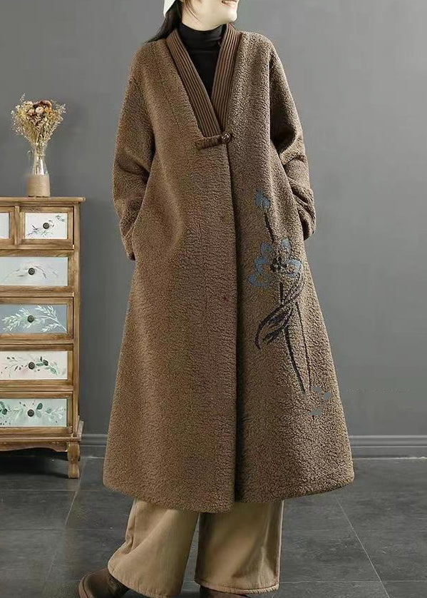 Plus Size Chocolate Embroideried Chinese Button Faux Fur Coats Winter