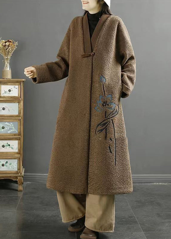 Plus Size Chocolate Embroideried Chinese Button Faux Fur Coats Winter