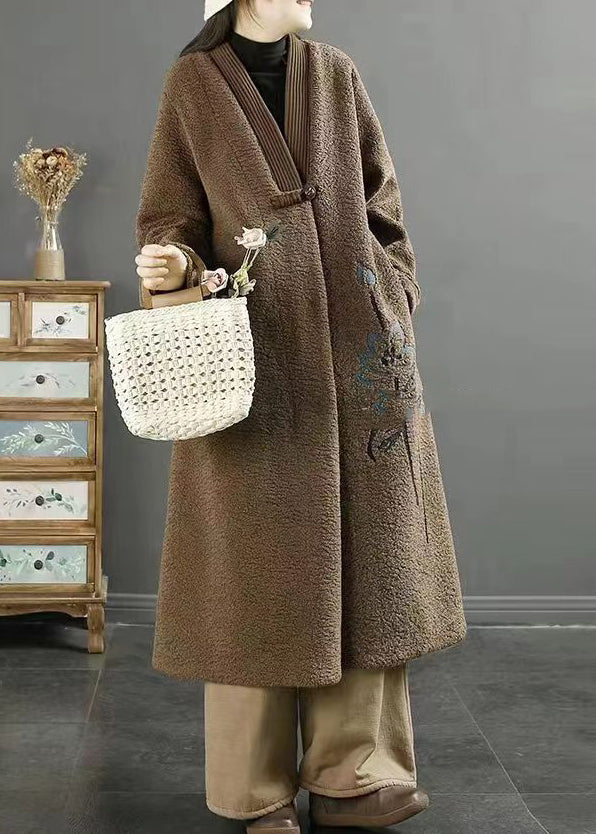 Plus Size Chocolate Embroideried Chinese Button Faux Fur Coats Winter
