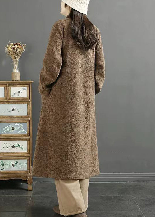 Plus Size Chocolate Embroideried Chinese Button Faux Fur Coats Winter