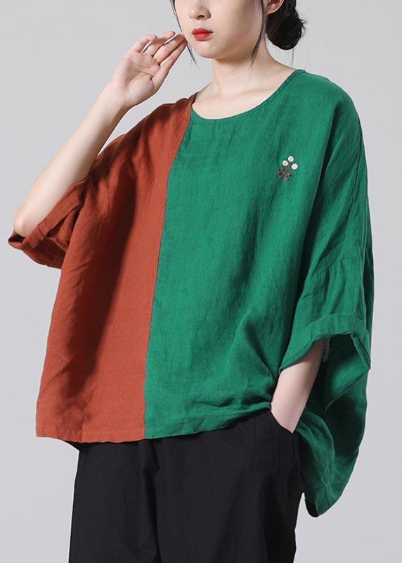 Plus Size Chocolate Patchwork Green O-Neck Summer Cotton Linen Tops - Omychic