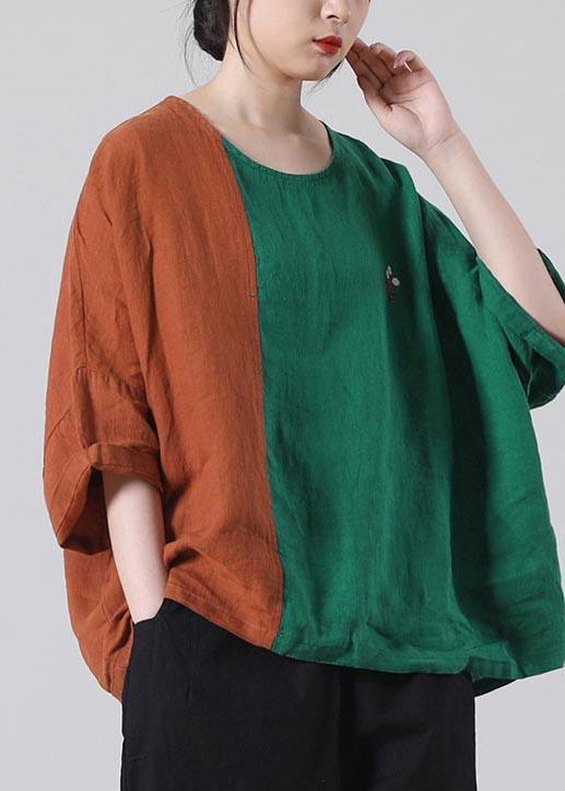 Plus Size Chocolate Patchwork Green O-Neck Summer Cotton Linen Tops - Omychic