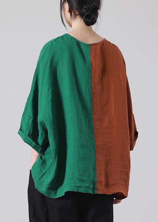 Plus Size Chocolate Patchwork Green O-Neck Summer Cotton Linen Tops - Omychic