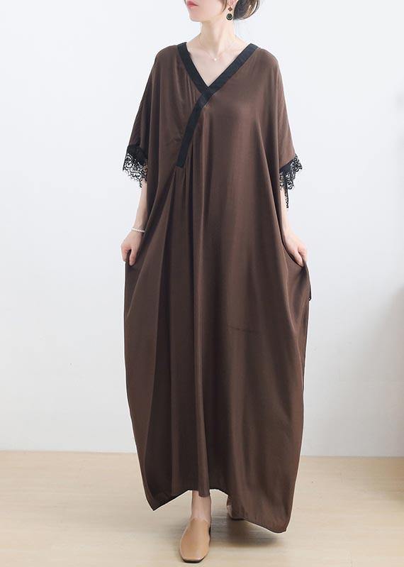 Plus Size Chocolate Patchwork Lace Maxi Summer Chiffon Dress - Omychic