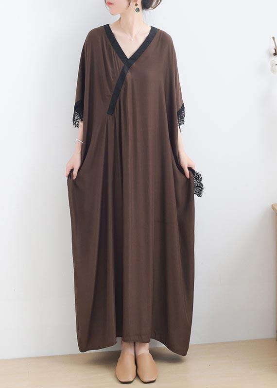 Plus Size Chocolate Patchwork Lace Maxi Summer Chiffon Dress - Omychic