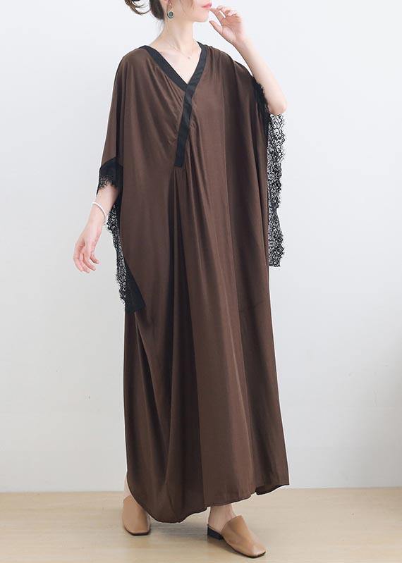 Plus Size Chocolate Patchwork Lace Maxi Summer Chiffon Dress - Omychic
