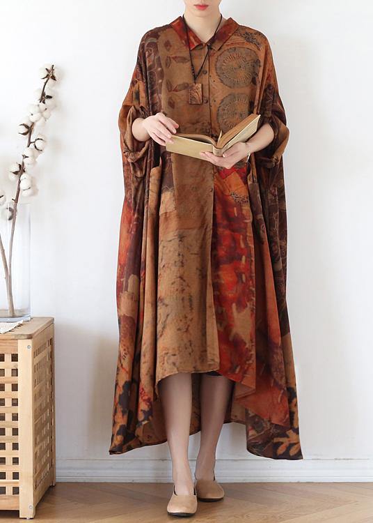 Plus Size Chocolate Print Button Spring Chiffon Dress - Omychic