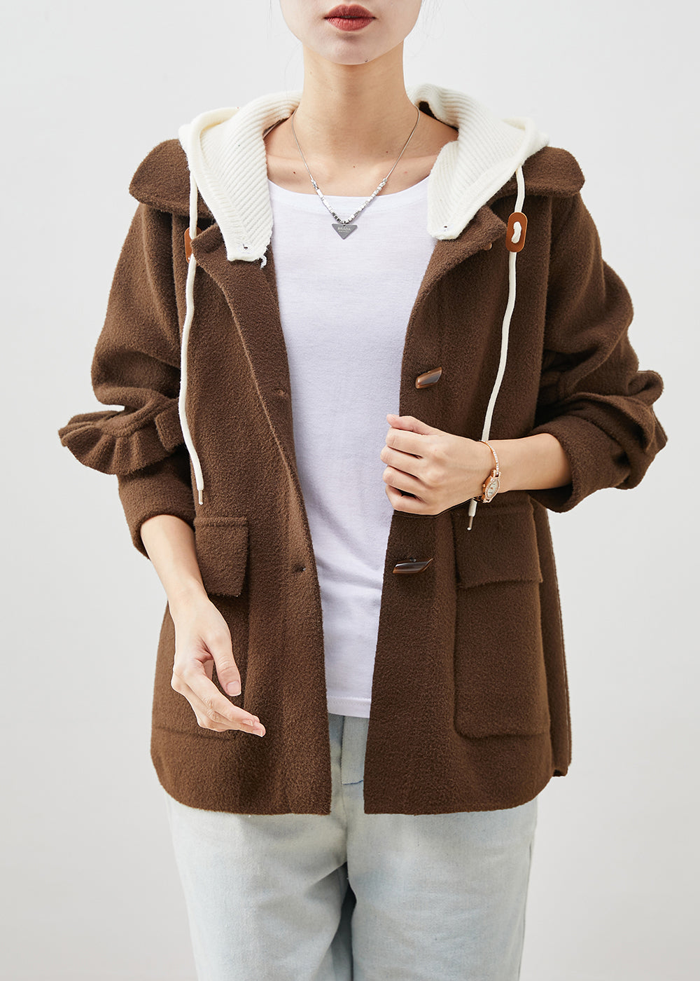 Plus Size Chocolate Ruffled Patchwork Woolen Coat Spring