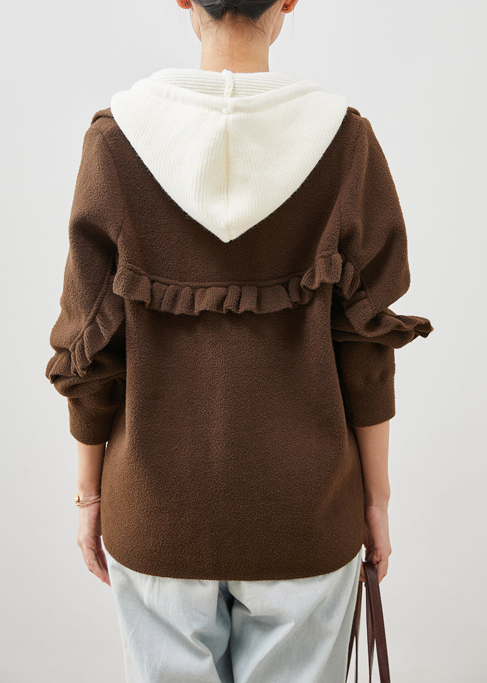 Plus Size Chocolate Ruffled Patchwork Woolen Coat Spring